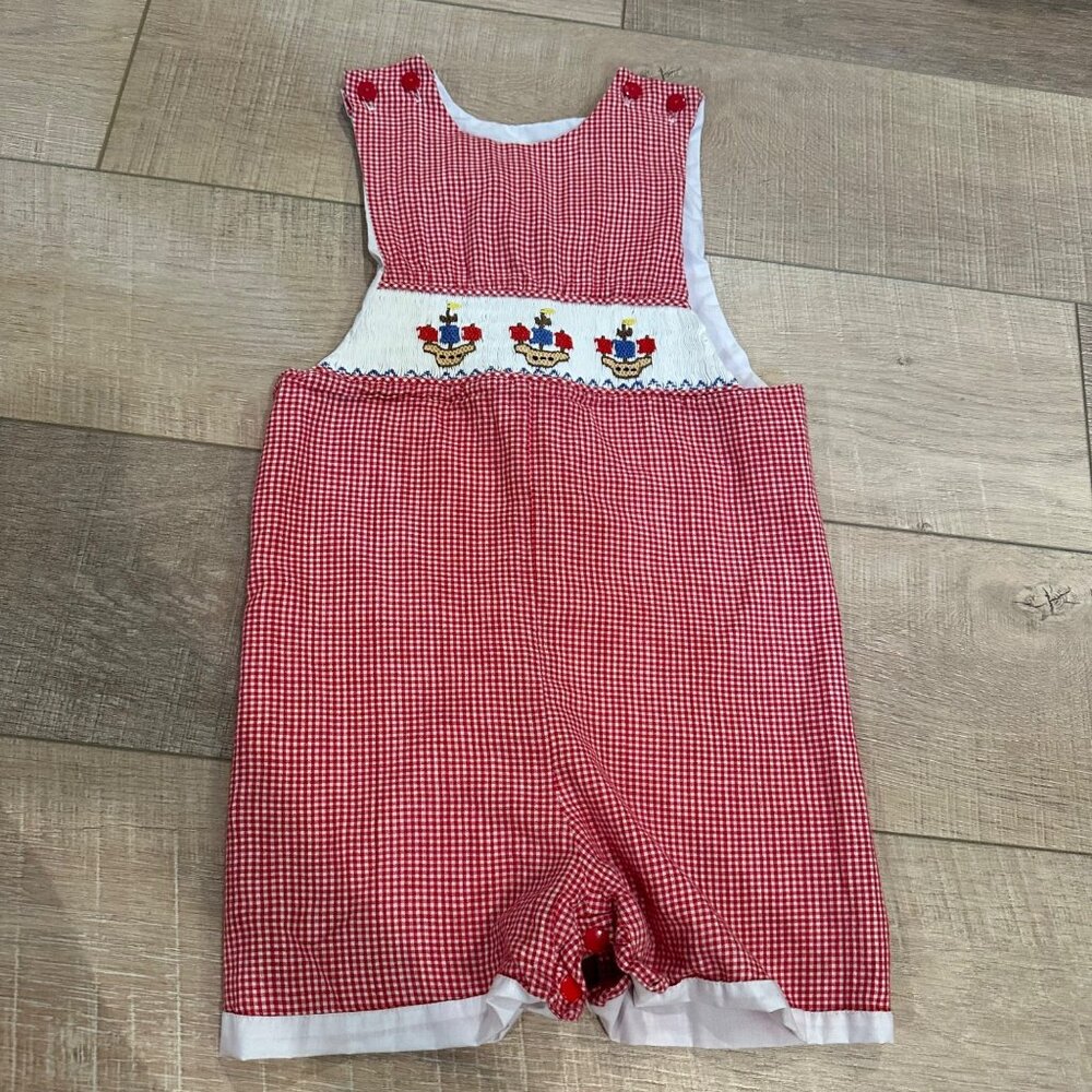 Vintage-Inspired Toddler Boys Red Gingham Checked Romper Sz 2 Hand-Smocked Ships